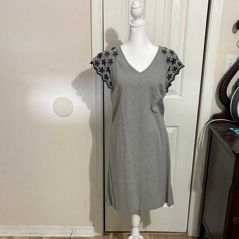 Tommy Hilfiger Gray Mini Dress with Black Floral Sleeves
